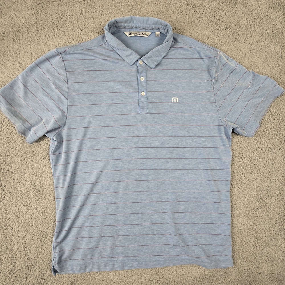 Travis Mathew Performance Golf Polo Shirt Mens XL Blue Red Stripe Stretch - Picture 2 of 16